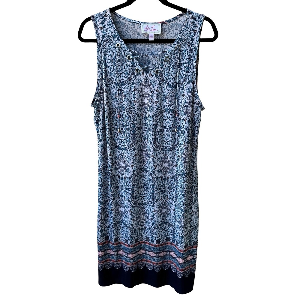 Ivy Lane Boho Festival Flowy Tie Up Damask Sleeveless Shift Peasant Dress Blue L